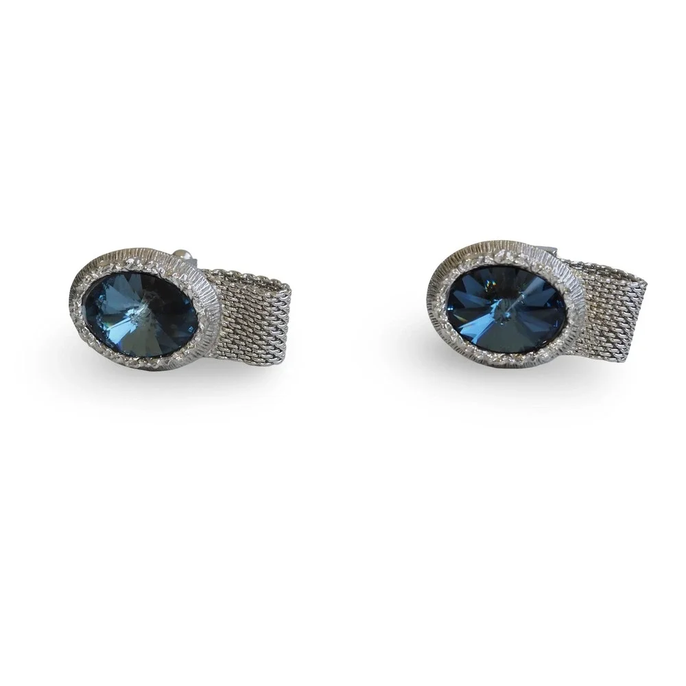 Swank Vintage Mens Blue‎ Crystal Chain Mesh Wrap Cufflinks Silver Tone Toggle